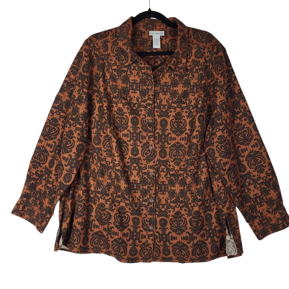 Catherine's Shirt Women's 1X 18/20 Rust Black Batik Suede Feel Button Up Soft‎
